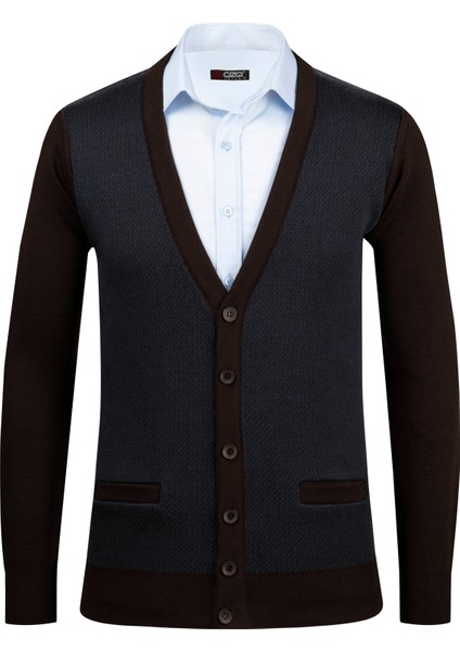 Erkek V Yaka Triko Hırka Düğmeli Cep Detaylı Desenli Çelik Örgü Klasik Kalıp - 5014M