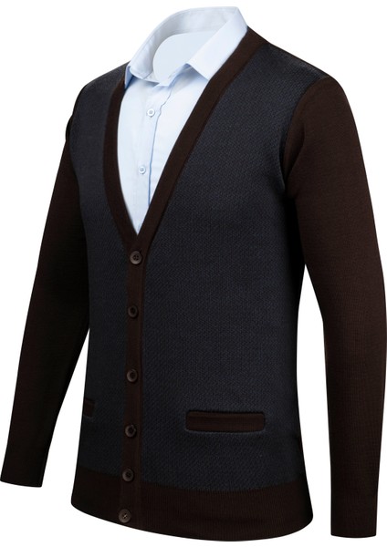 Erkek V Yaka Triko Hırka Düğmeli Cep Detaylı Desenli Çelik Örgü Klasik Kalıp - 5014M fiyatları