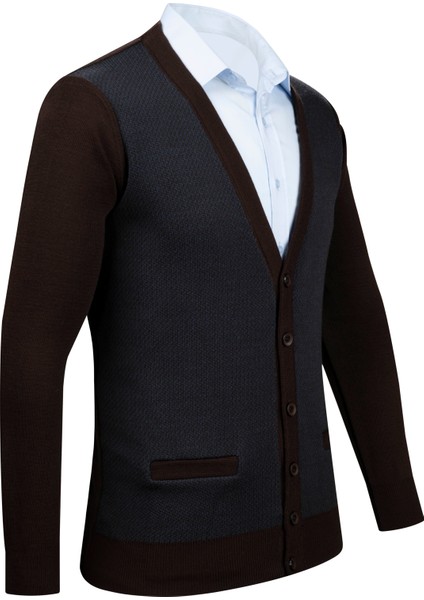 Erkek V Yaka Triko Hırka Düğmeli Cep Detaylı Desenli Çelik Örgü Klasik Kalıp - 5014M modelleri