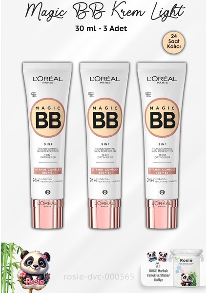 3 Adet Loreal Paris Magic Bb Krem 24H Light 30 ml ve Rosıe Pamuk