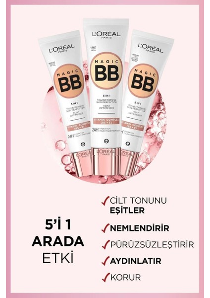 3 Adet Loreal Paris Magic Bb Krem 24H Light 30 ml ve Rosıe Pamuk