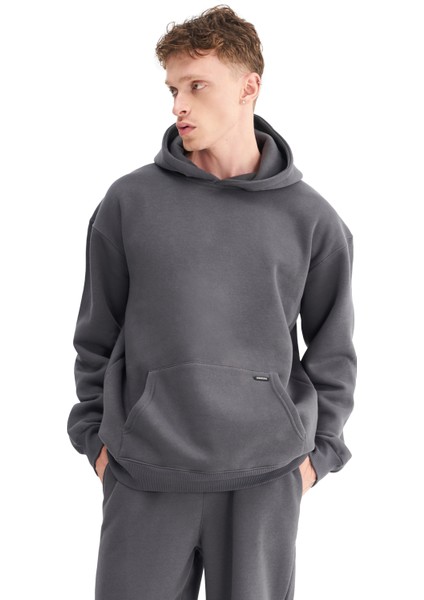 Erkek Oversize Şardonlu 3 İplik Kapüşonlu Sweatshirt, Kanguru Cepli İçi Yumuşak Tüylü