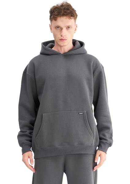 Erkek Oversize Şardonlu 3 İplik Kapüşonlu Sweatshirt, Kanguru Cepli İçi Yumuşak Tüylü