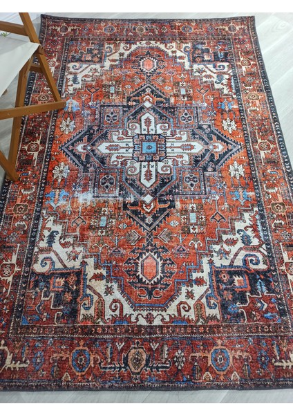 Dekoratif Vintage Desenli Dokuma Taban Pamuk Polyester Turuncu Halı