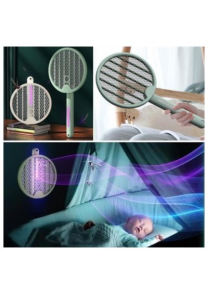 BUFFER® Tenis Raketi Tipi Masaüstü Olabilen Gece Lambalı Sinek Kovucu,Öldürücü Raket