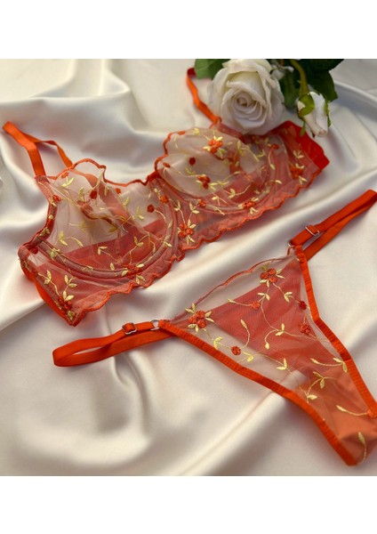 Çiçekli Turuncu Bralet Balenli Sütyen Takım