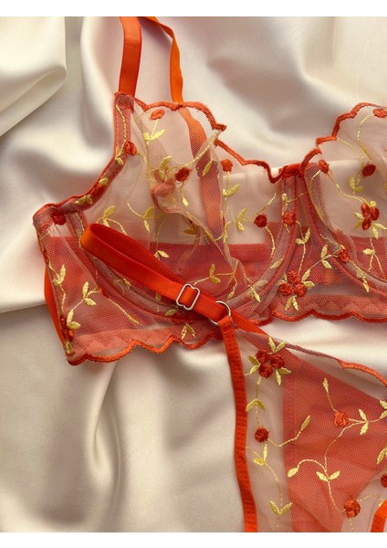 Çiçekli Turuncu Bralet Balenli Sütyen Takım indirimleri
