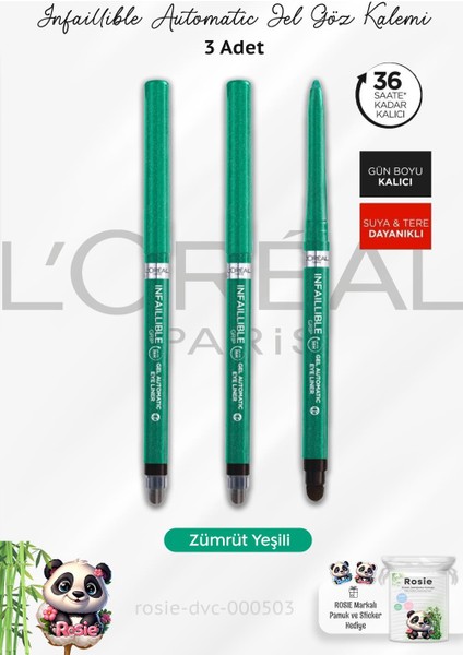 3 Adet Infaillible Grip Automatic Jel Göz Kalemi Zümrüt Yeşili ve Rosıe