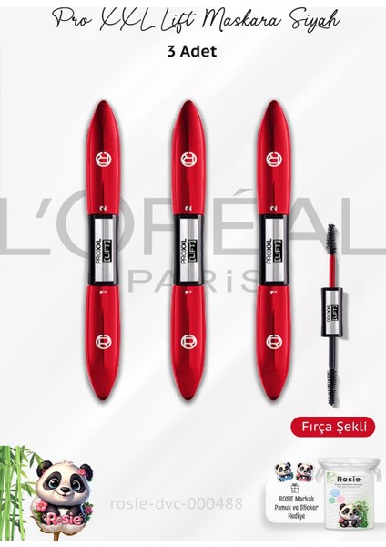 3 Adet Loreal Paris Pro Xxl Lift Maskara Siyah Ve Rosıe Pamuk 60'Lı