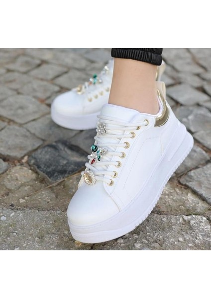 Herayakkabi Kalın Taban Beyaz Ultra Rahat Taşlı Taş Detaylı Kadın Sneaker