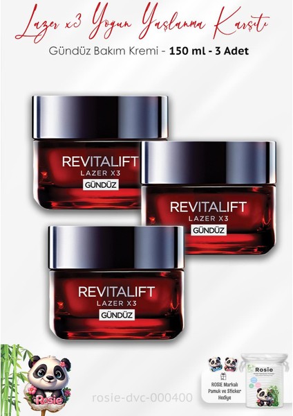 3 Adet Revitalift Lazer x3 Gündüz Kremi 50 ml ve Rosie