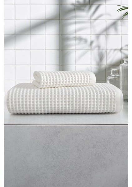 2'li Waffle Banyo Havlu Takımı - Petekli & Ekstra Yumuşak - Modern Banyo Tekstili - Gofre Havlu- Beyaz