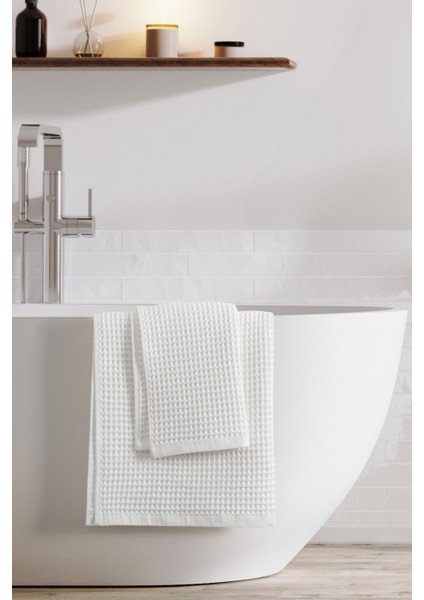 2'li Waffle Banyo Havlu Takımı - Petekli & Ekstra Yumuşak - Modern Banyo Tekstili - Gofre Havlu- Beyaz