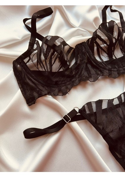 Siyah Zebra Desen Balenli Bralet Sütyen Takım