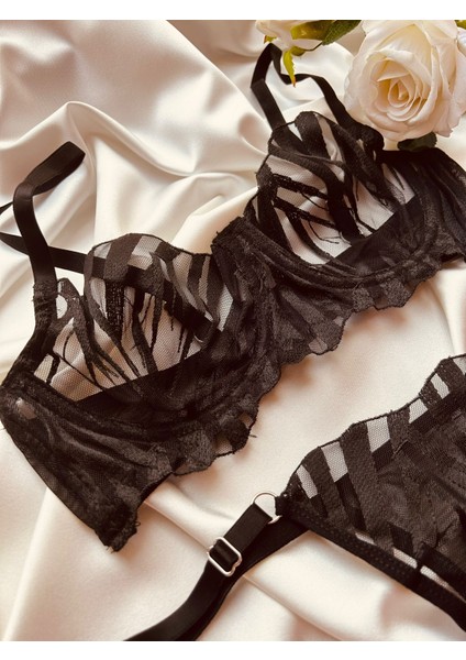 Siyah Zebra Desen Balenli Bralet Sütyen Takım