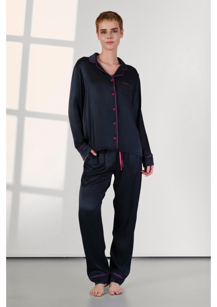 Kadın Uzun Kol Önden Düğmeli Saten Lacivert Pijama Takım C7T3N0O4
