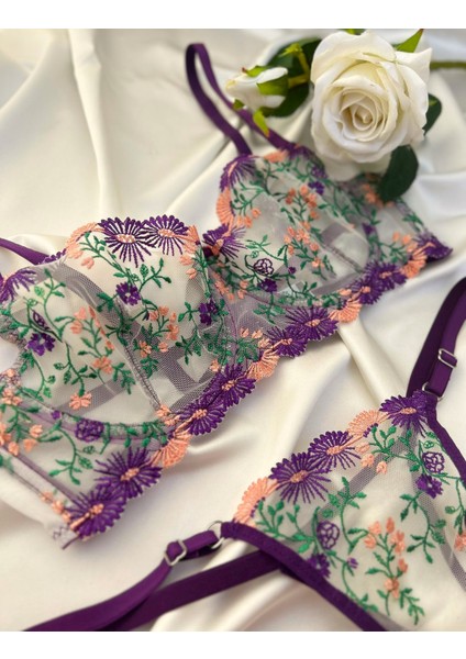 Çiçek Detaylı Mor Balenli Bralet Sütyen Takım