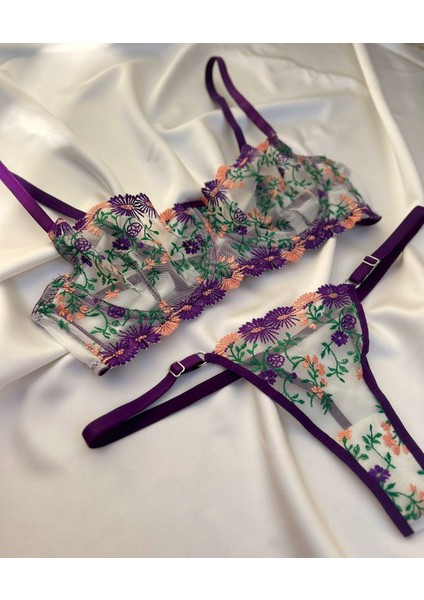 Çiçek Detaylı Mor Balenli Bralet Sütyen Takım fiyatları