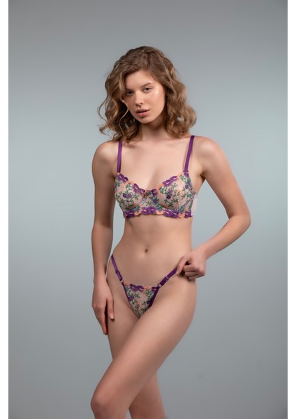 Çiçek Detaylı Mor Balenli Bralet Sütyen Takım modelleri
