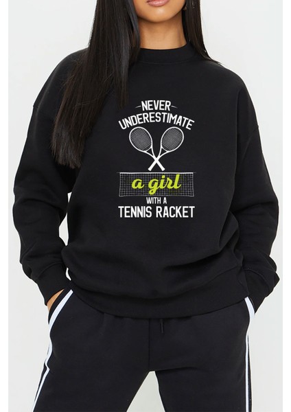 Tenis Raket Baskılı Siyah Kadın Erkek Pamuklu Sweatshirt Cu54