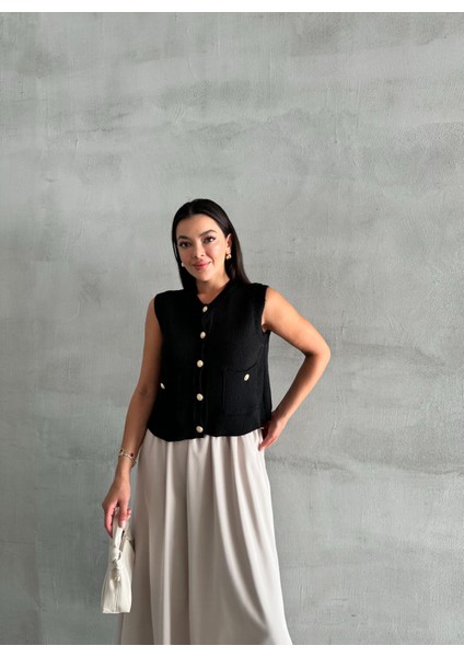 Siyah Sophia Cepli Düğmeli Triko Süveter