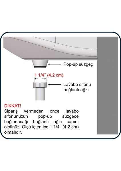 Lavabo Gider Süzgeci Pop Up Basmalı Bas-Aç Klik Klack Bağlantı Ağzı 1 1/4'' (4.2 Cm) Olan Lavabo Sifonlarına Uygun