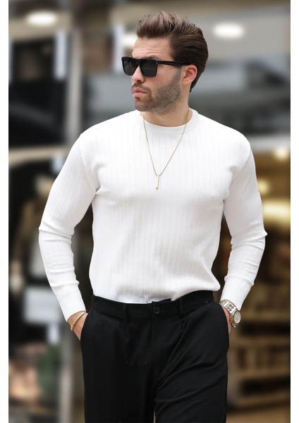 Beyaz Bisiklet Yaka Çizgili Uzun Kollu Kazak E7273