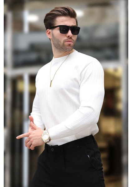 Beyaz Bisiklet Yaka Çizgili Uzun Kollu Kazak E7273 modelleri