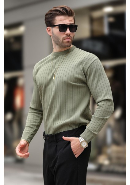 Haki Bisiklet Yaka Çizgili Uzun Kollu Kazak E7273 fiyatları