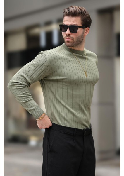 Haki Bisiklet Yaka Çizgili Uzun Kollu Kazak E7273 modelleri