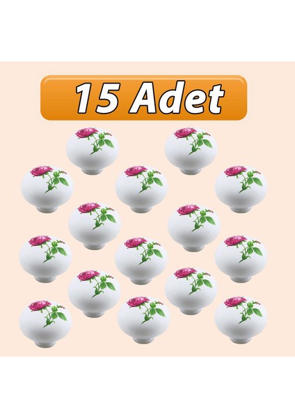 15 Adet Pembe Gül Desenli Beyaz Polimer Düğme Kulp Mantar Mobilya Mutfak Dolabı Çekmece Kulbu Kulpları