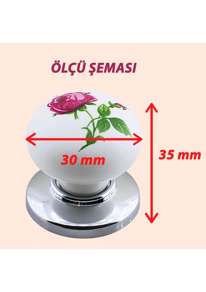 Pembe Gül Desenli Beyaz Polimer Düğme Kulp Krom Tablalı Mobilya Mutfak Dolabı Çekmece Kulbu Kulpları