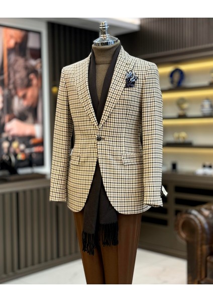 Italyan Stil Slim Fit Kazayağı Desen Erkek Ceket Kahverengi T13045