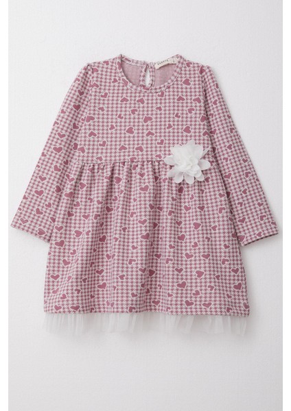 Kız Çocuk Uzun Kollu Elbise Kalp & Kazayağı Desenli 3-7 Yaş, Gülkurusu