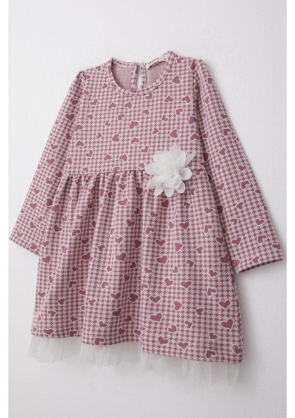 Kız Çocuk Uzun Kollu Elbise Kalp & Kazayağı Desenli 3-7 Yaş, Gülkurusu modelleri