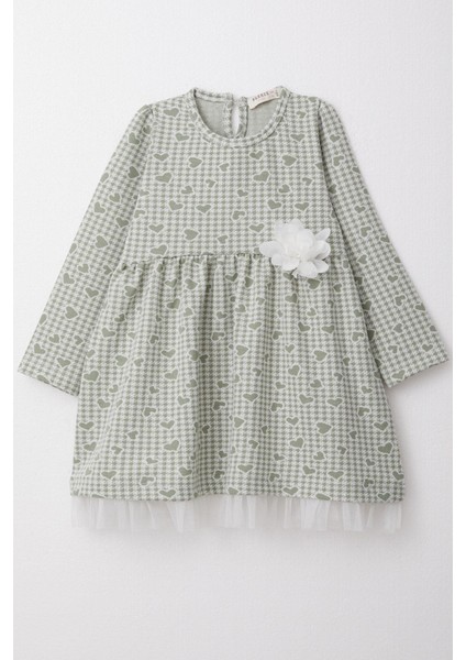 Kız Çocuk Uzun Kollu Elbise Kalp & Kazayağı Desenli 3-7 Yaş, Mint Yeşili