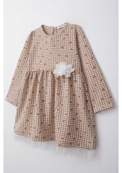 Kız Çocuk Uzun Kollu Elbise Kalp & Kazayağı Desenli 3-7 Yaş, Bej modelleri