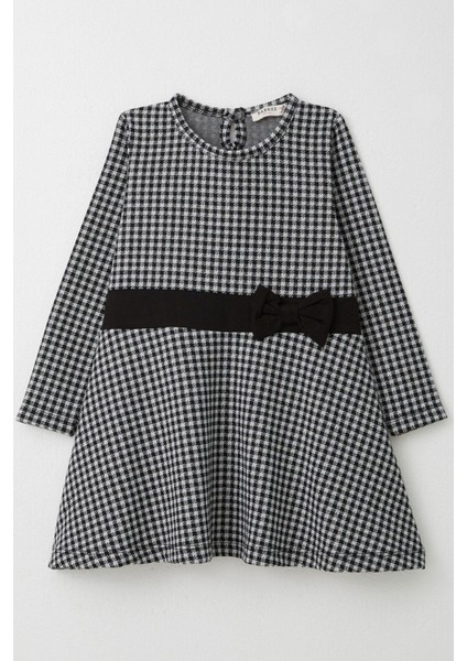 Kız Çocuk Uzun Kollu Elbise Kaz Ayağı Desenli Fiyonklu 3-8 Yaş, Siyah