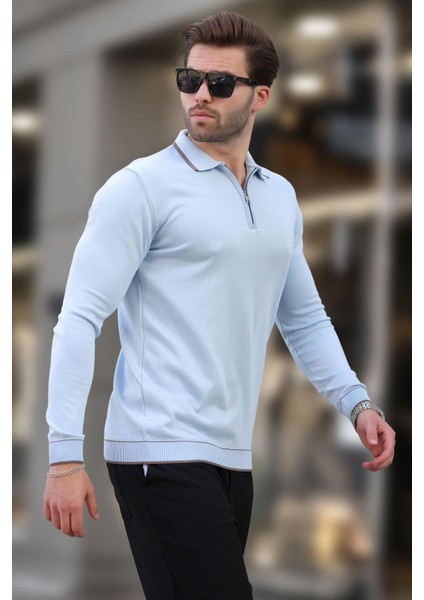 Mavi Fermuarlı Polo Yaka Çizgi Detaylı Uzun Kollu Kazak 7267