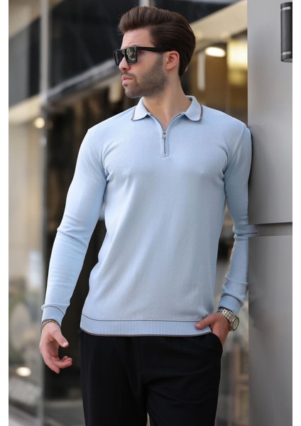 Mavi Fermuarlı Polo Yaka Çizgi Detaylı Uzun Kollu Kazak 7267 fiyatları