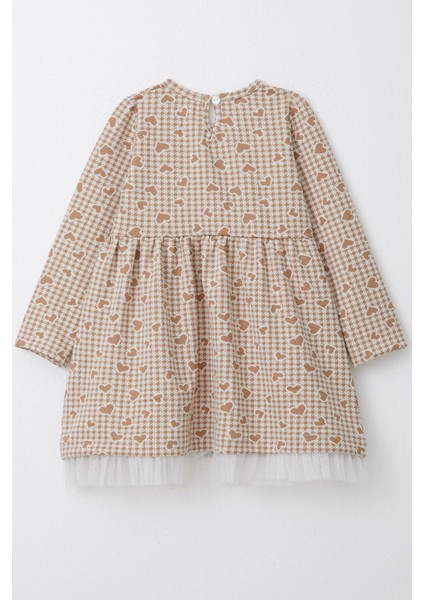 Kız Çocuk Uzun Kollu Elbise Kalp & Kazayağı Desenli 3-7 Yaş, Bej fiyatları