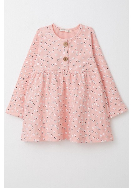Kız Çocuk Uzun Kollu Elbise Çiçekli Düğmeli 1.5-5 Yaş, Somon