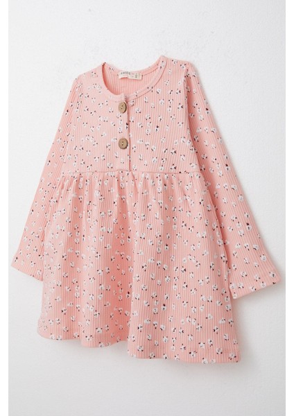 Kız Çocuk Uzun Kollu Elbise Çiçekli Düğmeli 1.5-5 Yaş, Somon modelleri