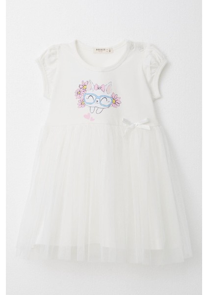 Kız Çocuk Elbise Gözlüklü Sevimli Kedicik Baskılı 1.5-5 Yaş, Ekru