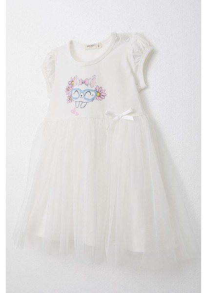 Kız Çocuk Elbise Gözlüklü Sevimli Kedicik Baskılı 1.5-5 Yaş, Ekru modelleri