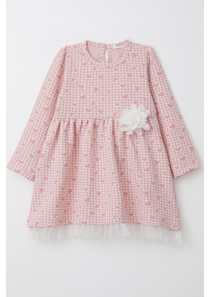 Kız Çocuk Uzun Kollu Elbise Kalp & Kazayağı Desenli 3-7 Yaş, Pembe