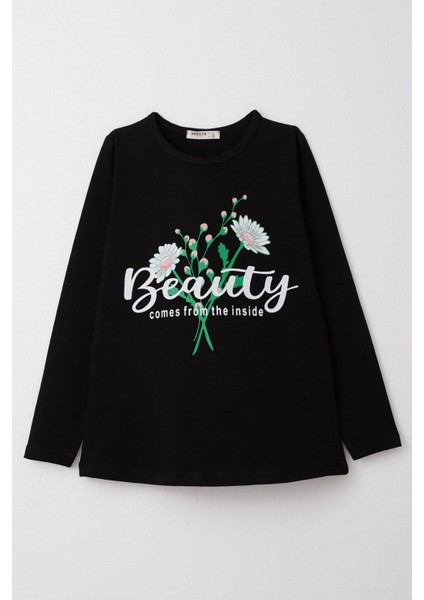 Kız Çocuk Uzun Kollu Tişört Yazılı Papatya Baskılı 10-16 Yaş, Siyah