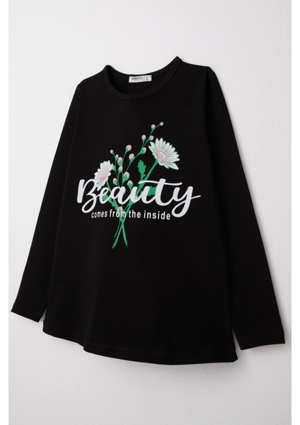 Kız Çocuk Uzun Kollu Tişört Yazılı Papatya Baskılı 10-16 Yaş, Siyah modelleri