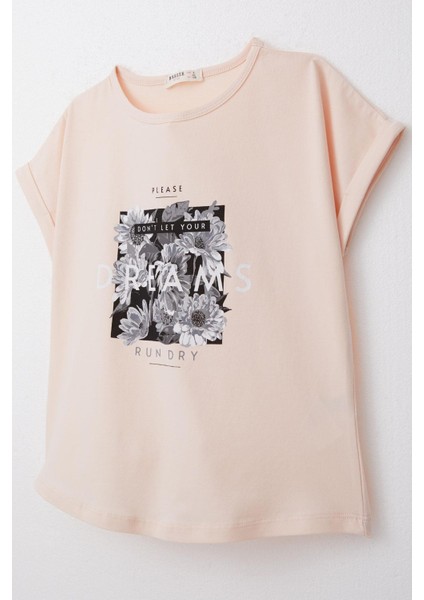 Kız Çocuk Tişört Kemer Boy Çiçek & Yazı Baskılı 7-12 Yaş, Pudra modelleri