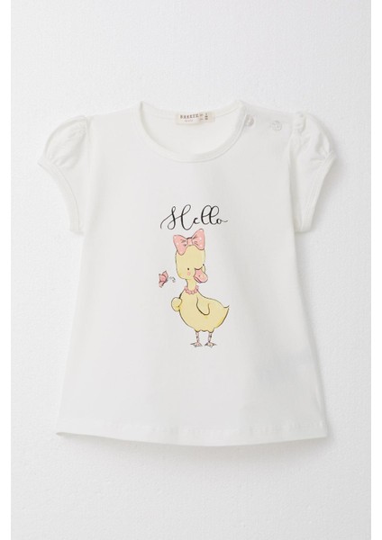 Kız Çocuk Tişört Süslü Fiyonklu Ördek Baskılı 1-4 Yaş, Ekru